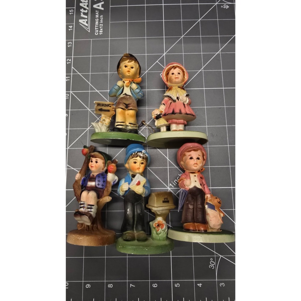 Vintage Hummel Style Plastic Figurine Lot 5pc Hiker Mailbox Umbrella Ornament